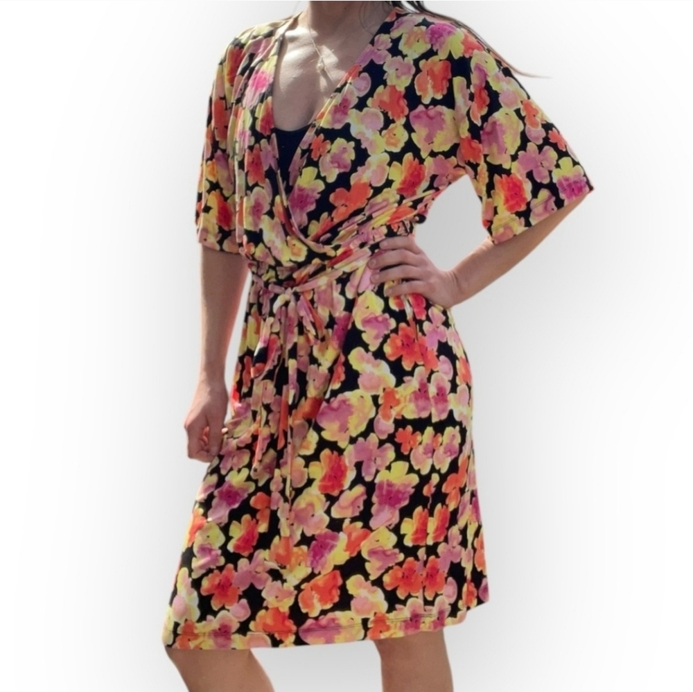 J Jason Wu Knit Printed Floral Wrap Dress Blackpink Orange  Floral Size XL - Picture 3 of 16